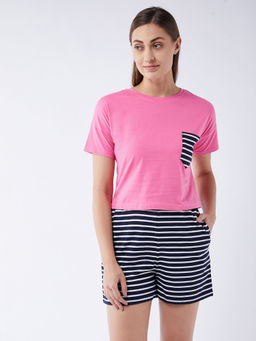 Miss Chase - Womens Pink & White Round Neck Striped T-Shirt with Shorts Co-Ord (Set of 2)