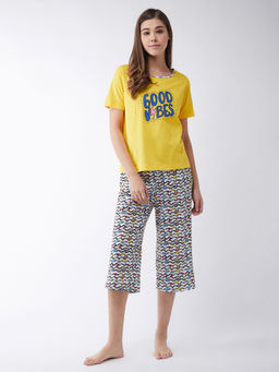 Miss Chase - Womens Yellow & White Short Sleeves Printed Top & Capri Co-Ord (Set of 2)