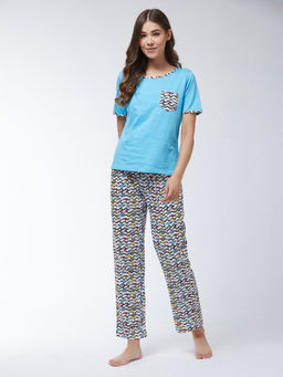 Miss Chase - Womens Blue & White Round Neck Printed Top & Pyjama Co-Ord (Set of 2)