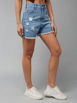 Miss Chase - Women's Light Blue Relaxed Fit Mid Rise Regular Denim Shorts