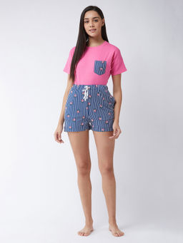 Miss Chase - Womens Pink & Navy Blue Round Neck Short Sleeves T-Shirt & Shorts Co-Ord (Set of 2)