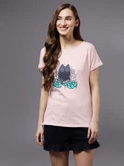 Miss Chase - Womens Pink & Black Cotton Printed Short Sleeve T-Shirt & Shorts (Set of 2)