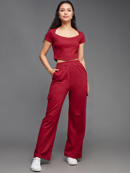 Miss Chase - Women's Maroon Wide-Neck Solid Crop Top with Pant Co-Ord (Set of 2)