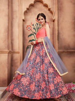 Odette - Grey Net Embroidered Semi-Stitched lehenga with Unstitched Blouse & Dupatta (Set of 3)