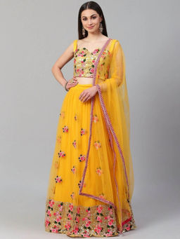 Odette - Yellow Net Embroidered Semi-Stitched lehenga with Unstitched Blouse & Dupatta (Set of 3)