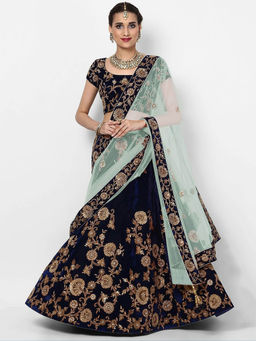 Odette - Navy Blue Embroidered Semi-Stitched lehenga with Unstitched Blouse & Dupatta (Set of 3)