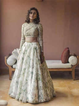 Odette - White Organza Printed Semi-Stitched lehenga with Unstitched Blouse & Dupatta (Set of 3)