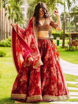 Odette - Maroon Organza Printed Semi-Stitched lehenga with Unstitched Blouse & Dupatta (Set of 3)