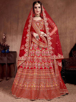 Odette - Red Art Silk Embroidered Semi-Stitched lehenga with Unstitched Blouse & Dupatta (Set of 4)