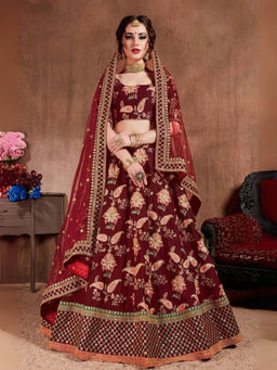 Odette - Maroon Embroidered Semi-Stitched lehenga with Unstitched Blouse & Dupatta (Set of 3)
