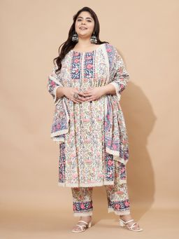 Vbuyz - Women Beige Floral Kurta with Pant and Dupatta (Set of 3)