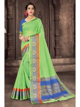 Sangam Prints - Light Green Cotton Handloom Woven Work Traditional Saree with Unstitched Blouse