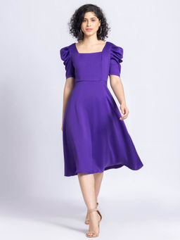 SHAYE - Square Neck Blue Solid Puff Sleeves Dress for Women