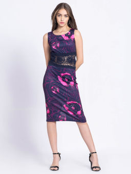 SHAYE - Round Neck Purple Floral Print Sleeveless Party Dress for Women