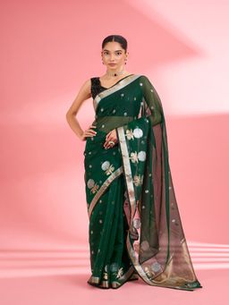 MILU MADAN - Dark Green Premium Kota Doria Silk Saree & Unstitched Blouse