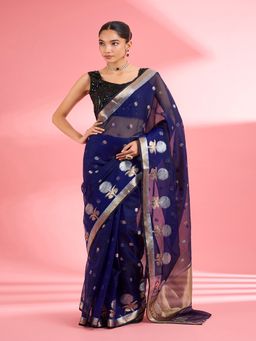 MILU MADAN - Navy Blue Premium Kota Doria Silk Saree & Unstitched Blouse