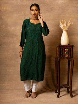 Gharana India - Women's Rayon Green Chikankari Mukaish Work Kurta with Pant
