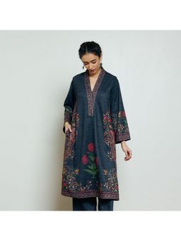 Rustorange - Women Gulmohar Charcoal Floral Printed V-Neck Kurta
