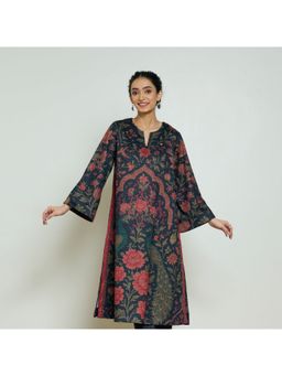 Rustorange - Women Charcoal Floral Printed Round Neck Kurta