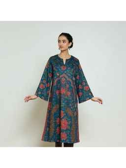 Rustorange - Women Teal Floral Printed Round Neck Kurta