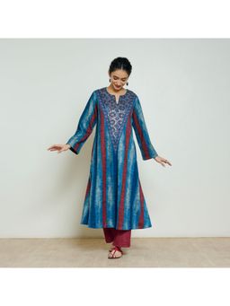 Rustorange - Women Blue Embroidered Round Neck Kurta