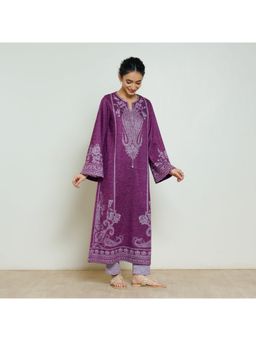 Rustorange - Women Wine Embroidered Bell Sleeves Kurta