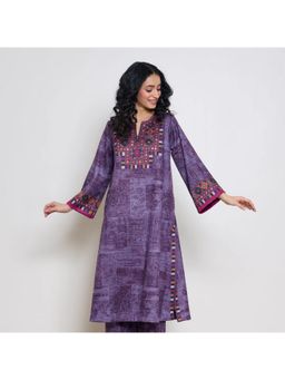 Rustorange - Women Purple Geometric Printed Full Sleeves Kurta