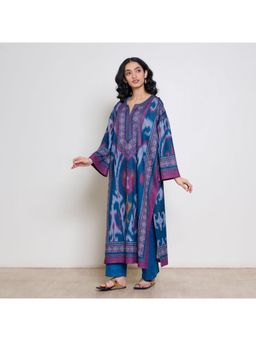Rustorange - Women Teal Geometric Printed Bell Sleeves Kurta