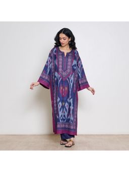 Rustorange - Women Blue Geometric Printed Bell Sleeves Kurta