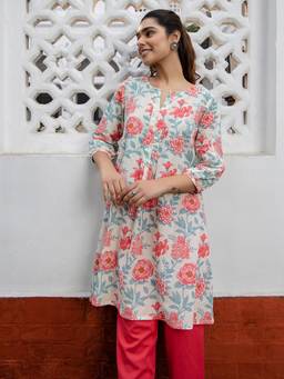 CUSTARD - Women Off White Floral Printed A-Line Tunic