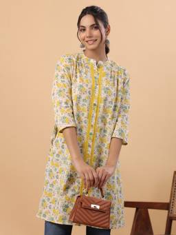 CUSTARD - Women Yellow Cotton Floral A-Line Tunic