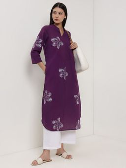Pink Fort - Women Purple Cotton Floral Printed Kurta