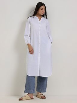 Pink Fort - Women White Linen Blend Solid Straight Kurta