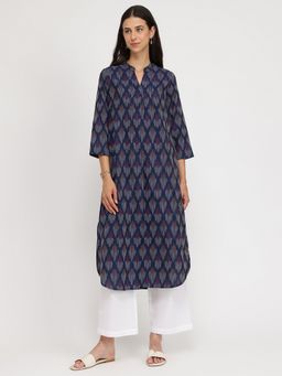 Pink Fort - Women Navy Blue Cotton Ikat A-line Kurta