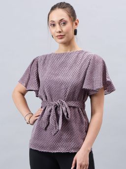 Style Quotient - Womens Purple Textured Belted Top with Flare Sleeves (Set of 2)