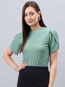 Style Quotient - Women Solid Sage Green Poly Knit Smart Casual Tulip Sleeve Top