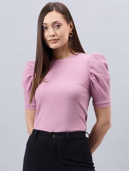 Style Quotient - Women Solid Dusty Rose Poly Knit Smart Casual Regular Top