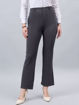 Style Quotient - Women Solid Grey Self Design Polyester Formal Trousers