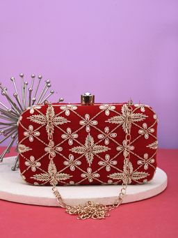 DRASTR - Red Kadai Work And Embellished Party Box Clutch with Detachable Chain