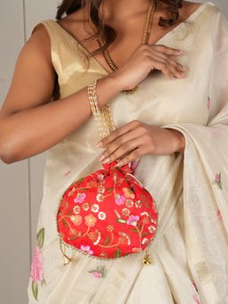 DRASTR - Red And Pink Embroidered Potli Bag