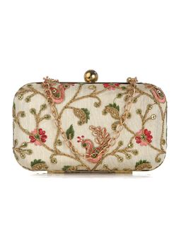 DRASTR - Cream And Gold-Toned Floral Embroidered Box Clutch