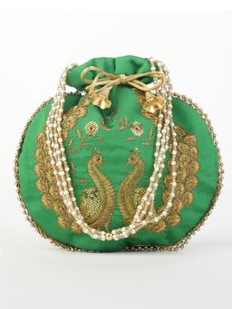 DRASTR - Green And Gold Toned Embroidered Potli Bag