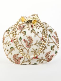 DRASTR - Off White And Pink Embroidered Potli Bag