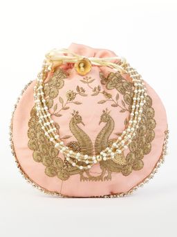 DRASTR - Pink And Gold Toned Embroidered Potli Bag