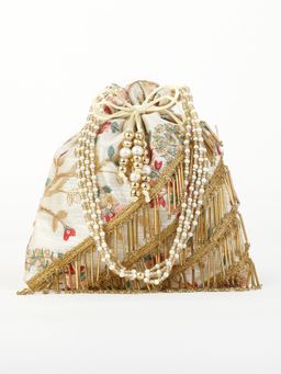 DRASTR - White And Gold Toned Embroidered Potli Bag