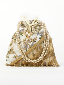 DRASTR - White And Grey Embroidered Potli Bag