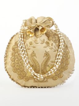 DRASTR - Beige And Gold Toned Embroidered Potli Bag