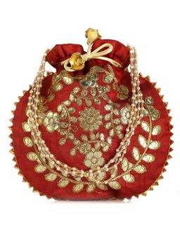 DRASTR - Red And Gold Embroidered Drawstring Closure Potli Bag