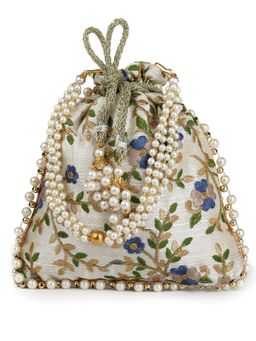 DRASTR - White And Blue Embroidered Wrist Loop Party Potli Bag