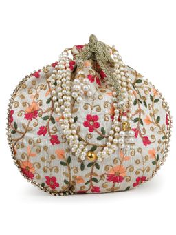 DRASTR - White And Peach Embroidered Wrist Loop Party Potli Bag